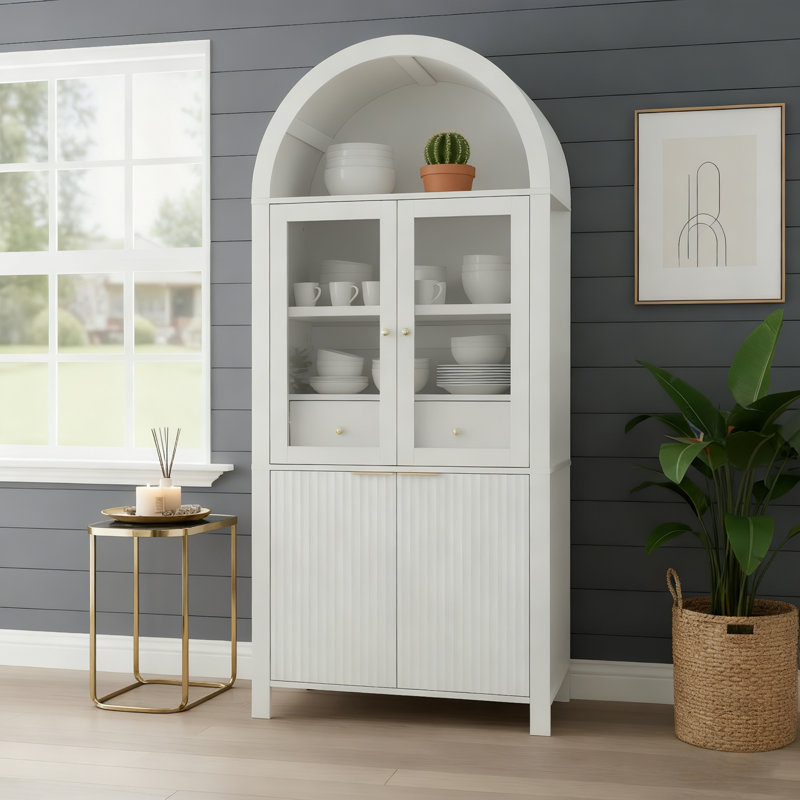 71" Fluted Tall Arched Pantry Cabinet With Adjustable Shelves, Elegant Display Storage With Hidden Drawer & Glass Door For Kitchen, Living Room, Dining Room, White