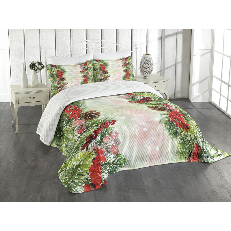 Ambesonne Christmas Bedspread Set Vivid Branches Blurry Multicolor, King Bedspread + 2 Standard Shams