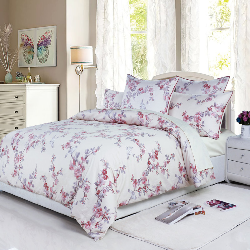  800TC 100% Egyptian Cotton Duvet Cover Set，3pcs Vintage Bird and Watercolor Floral in Light Pink Shabby Chic Bedding Set, Aesthetic Botanical Pattern for Bedroom Guest Room All Seasons