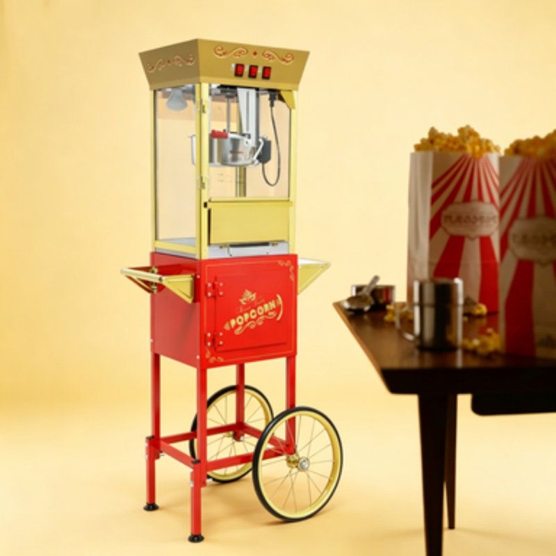 Chariot à maïs soufflé 12 oz avec roues, machine à maïs soufflé en acier inoxydable pour fête, rouge