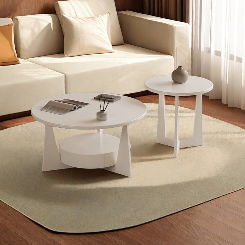 Ensemble de tables basses rondes en bois de pin, Crème, crème