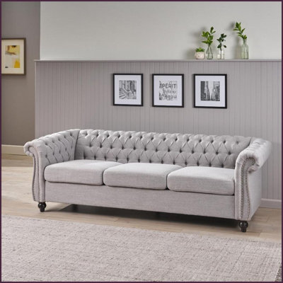 3-Seater Chesterfield Fabric Sofa | Grey | Rolled Arms | Deep Tufting Nail Heads for Living Room