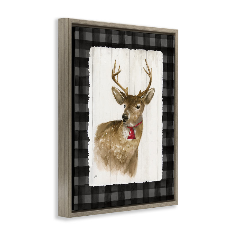Cerf avec cloche rouge, art giclée par Nan, H 25 po x l 31 po, Cadre flottant orme Montalcino
