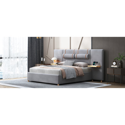 Queen Upholstered Platform Bed In Velvet Gray With Outlets, , And Storage Options Electrical Side Space