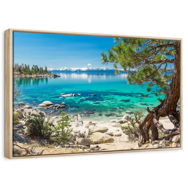 Turquoise, lac Tahoe, Cadre flottant en bois naturel, 46 po x 31 po