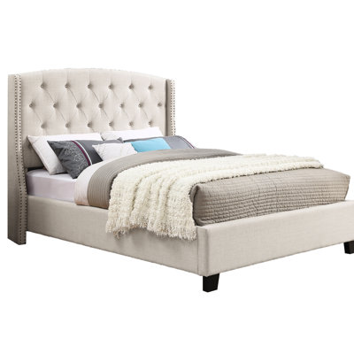 Beige Upholstered Bed With Wingback And Button Tufting - Stylish Bedroom Sanctuary Queen Headboard Design, Elegant Feature