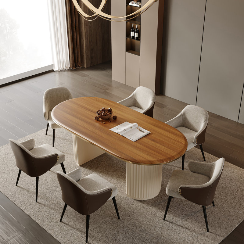 71" Mid-Century Oval Dining Table for 6, Modern Brown Wood Ktichen Table with Roman Column Legs