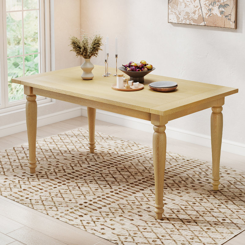 55" Natural Wood Dining Table,  Solid Wood Look Dinner Table for 2-4 People,  Rectangular Farmhouse Kitchen Table with Classic Turned Legs for Kitchen, Dining Room & Breakfast Nook