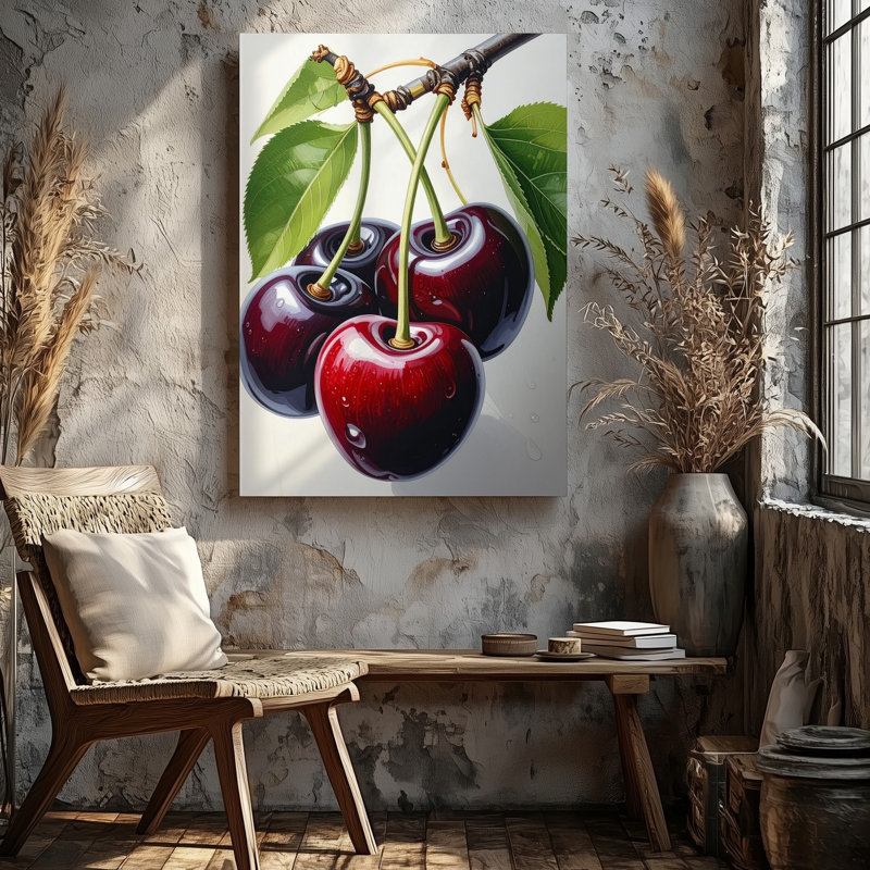 Toile, branche de cerisier minimaliste, fruits rouges, illustration numérique, art mural, prêt à accrocher, galerie, décoration moderne
