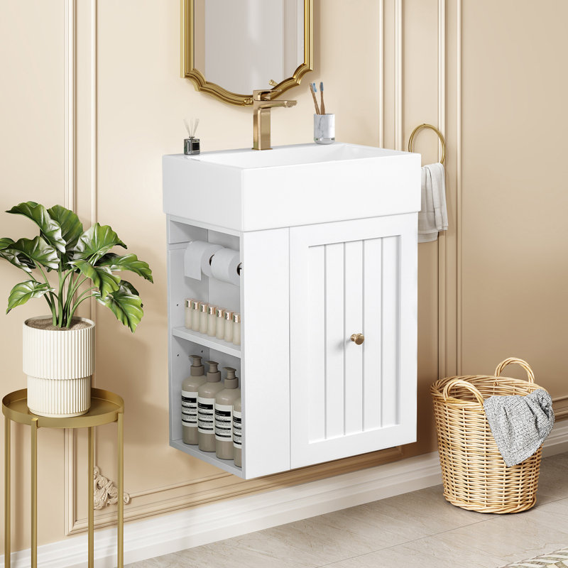 Meuble-lavabo de 20 po avec lavabo en céramique, armoire de rangement en MDF avec tiroir, tablette latérale, Blanc