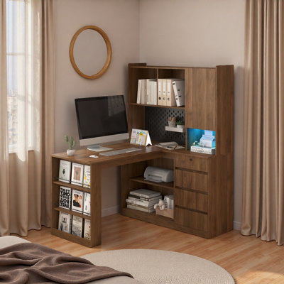 L Shaped Desk With Charger,Computer Desk With Drawers,Bookshelf, With LED Light,Modern Corner Desk,Home Office Desk,L-Shaped Study Table Writing Desk, by Ivy Bronx