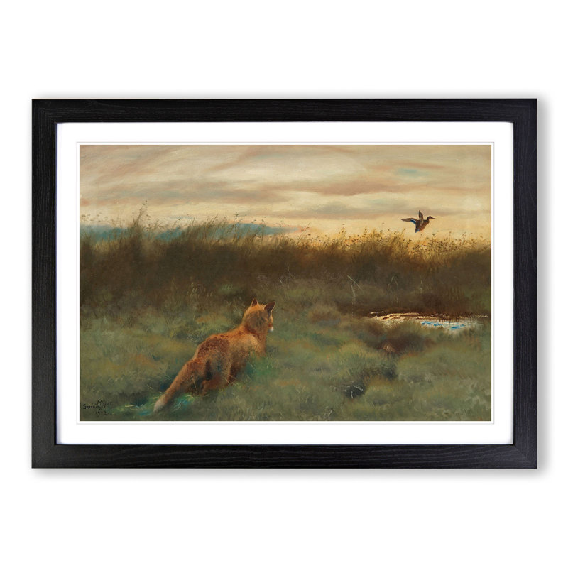 Fox and Duck by Bruno Liljefors - Picture Frame Painting, 48cm H x 65cm W x 2cm D, Black Framed