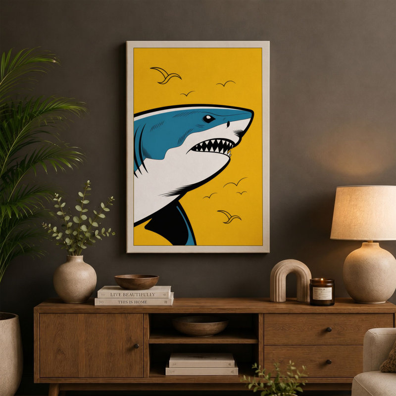 Shark in Yellow Sky Modern - Wrapped Canvas, 18x12 - 45.7 x 30.5 cm, White Border