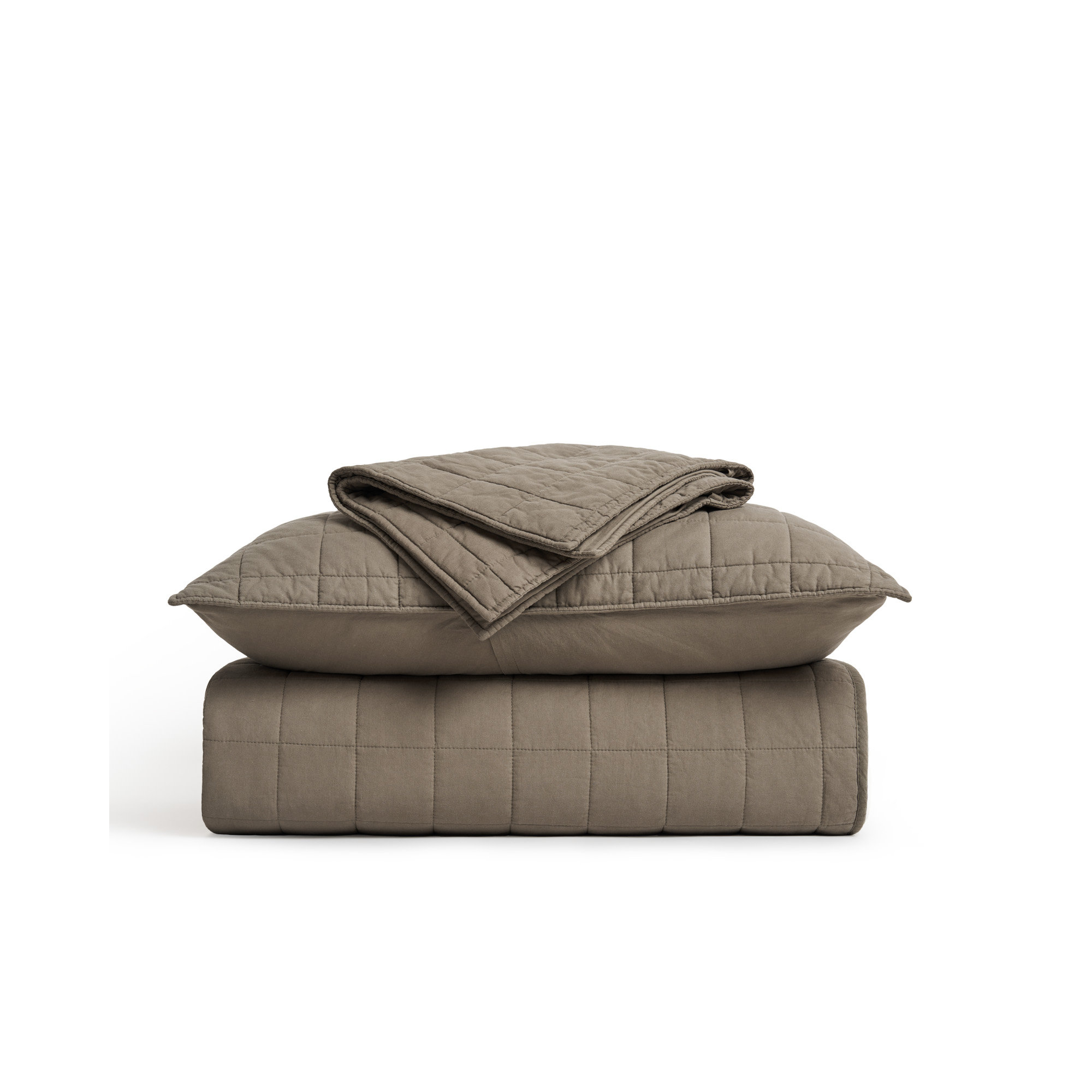 100% Cotton Box Stitch Quilt Set, Mocha Brown, Queen Quilt + 2 Queen Shams