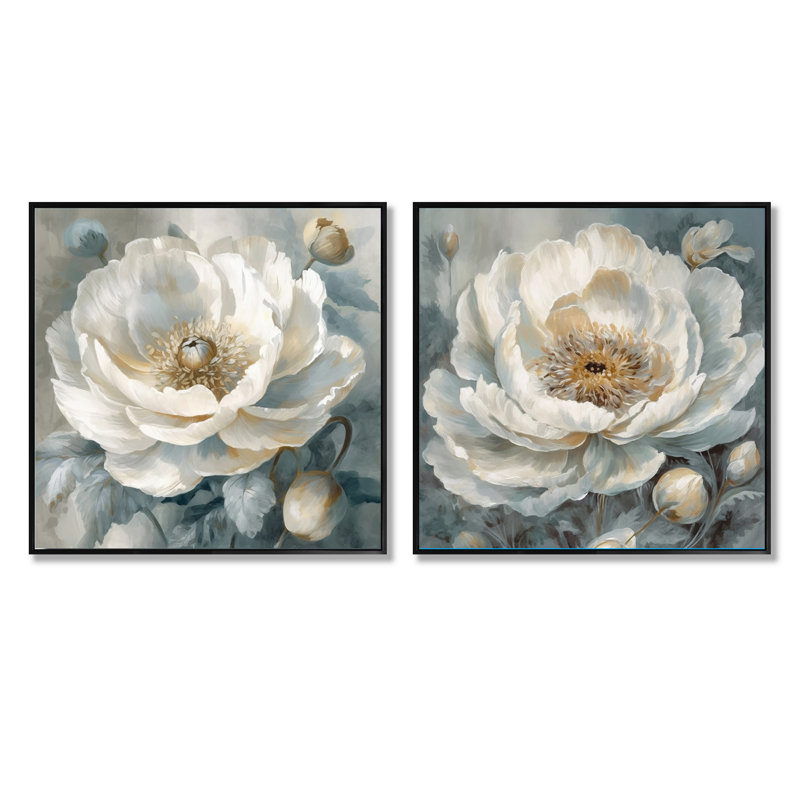 Ensemble de 2 pivoines blanches et bleues - ensemble de 2 pivoines carrées, Cadre flottant noir, H 16 po x l 33 po