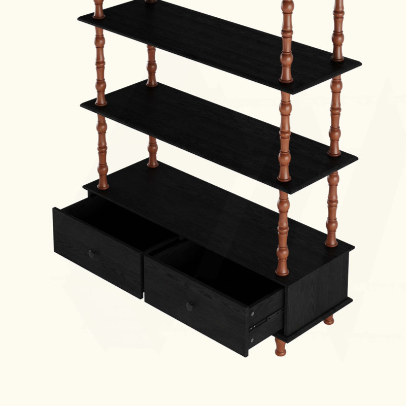 Bookcase Shelf Wood Book Shelf 74.4 Inch Tall,5 Tier Black Shelving Units and Storage Drawers, Modern Solid Wood Veneered Free Standing Shelves, Living Room, Study Room, Kitchen