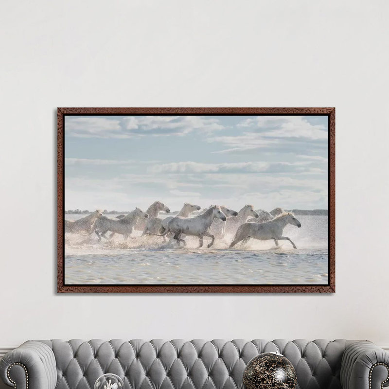 White Angels Of Camargue XXVI by Daniel Kordan - Print on Canvas, 101.6 cm H x 66.04 cm W, Classic Brown Wood Framed