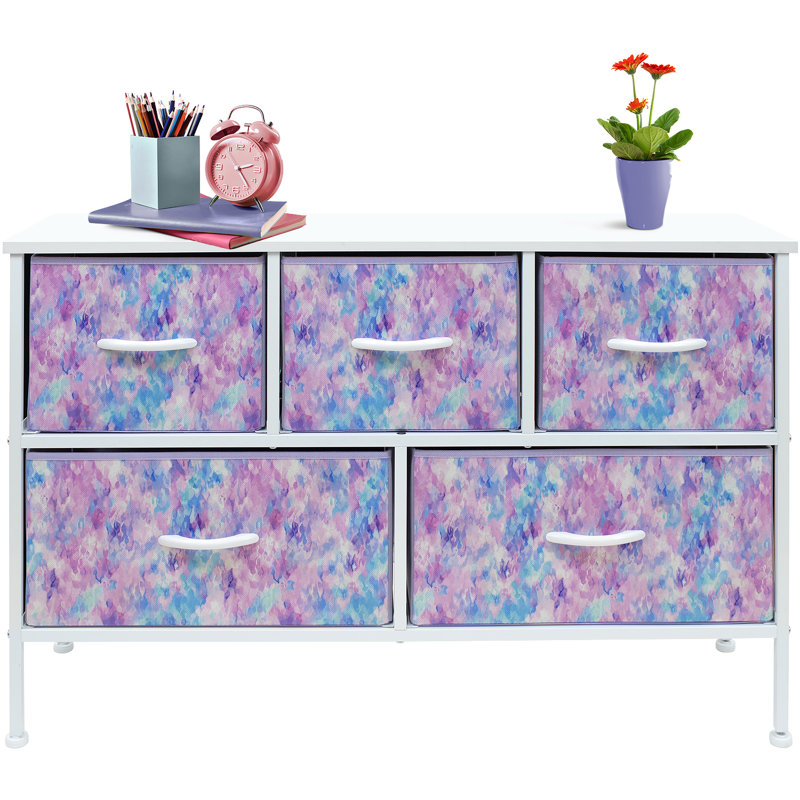Sorbus Dresser with 5 Drawers with Steel Frame, Wood Tops, and Fabric Bins, Tie-dye Blue/Pink/Purple