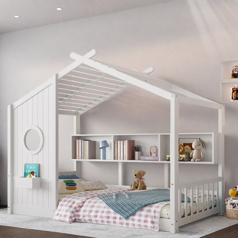 Lit sur pied avec tablettes de rangement, Simple, Blanc