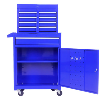 5 Blue Metal Tool Chest With Powder Coating & Hook Holes Box Organizer Lockable Wheels Adjustable Shelf -