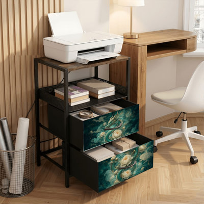 2 Drawers Nightstand with Charging Station, Bedroom Nightstand with USB Ports &amp; Outlets Open Shelf Black, night stand with Majestic Green Dragon White Peonies Ethereal Clouds Print