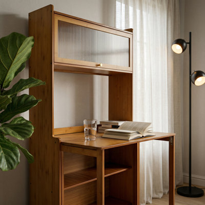 33 Inch Bamboo Foldable Desk Hutch with Storage Cabinet for Small Bedroom Apartment Study Room, Walnut