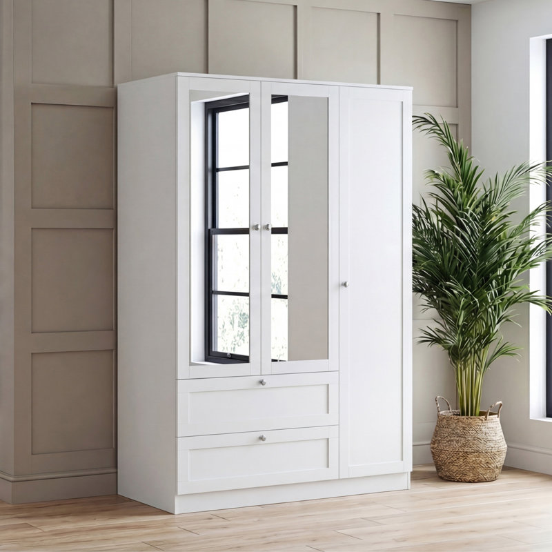 Tasneem 3 Door 2 Drawer Mirrored Wardrobe with Hanging Rail and Storage Shelf Modern Bedroom Clothes Storage Cabinet, White 