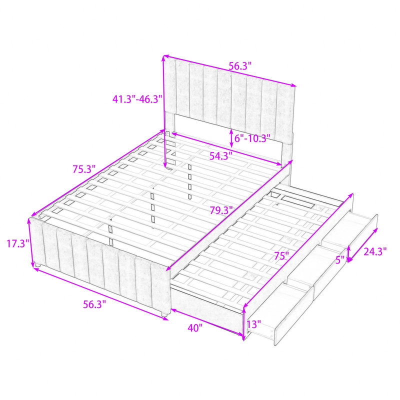 Upholstered Platform Bed with Trundle and 3 Drawers, Beige, Full