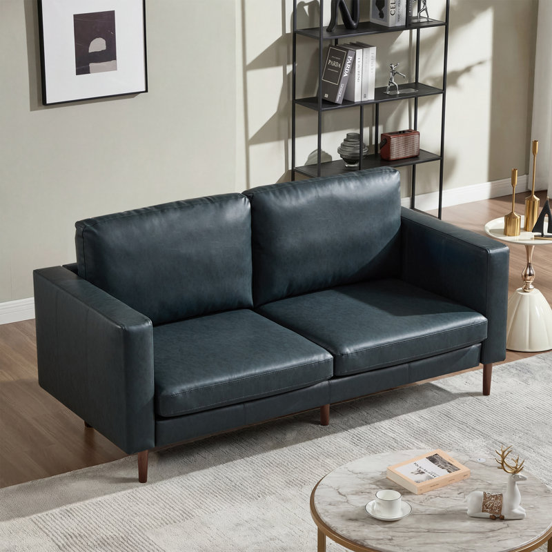 Ashvini 65" W Faux Leather Square Arm Loveseat with Reversible Cushions, Blue/Dark Brown Wood
