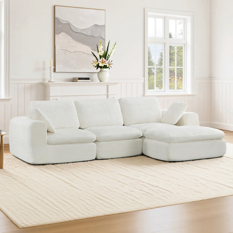 Dineen Boneless 108"W No Assembly Required 4-Piece Cloud Couch Comfy Compression Sofa With Ottoman, Cream