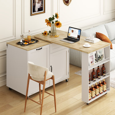Rolling Mobile Kitchen Island With 360° Swivel Table, Kitchen Rolling Island Cart With Trash Cabinet, Power Outlet, 3-Tier Spice Rack, Mobile Island Table For Kitchen, White