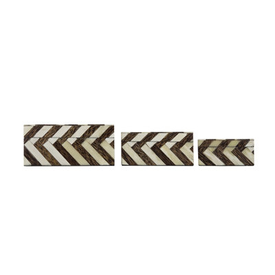 S / 3 boîtes incrustées d'os brun et blanc avec motif zigzag