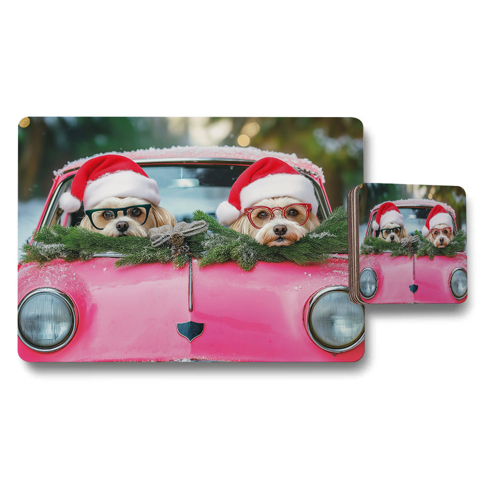 Dogs In Santa Hats In Pink Car Placemat And Coaster Set