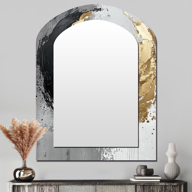 Gold Glam Arcs Shapes Fusion II - Abstract Shapes Asymmetrical Mirror, Gold Arch Decorative Wall Mirror, Printed Metal Art
