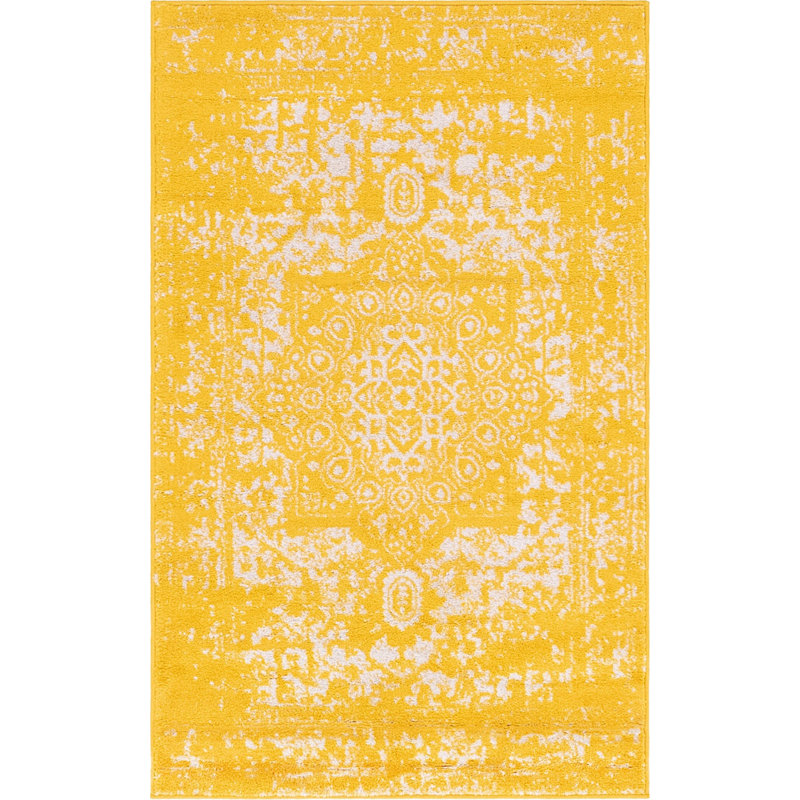 Tapis jaune tissé à la reine Reine, Rectangle 3 pi 3 po x 5 pi 3 po