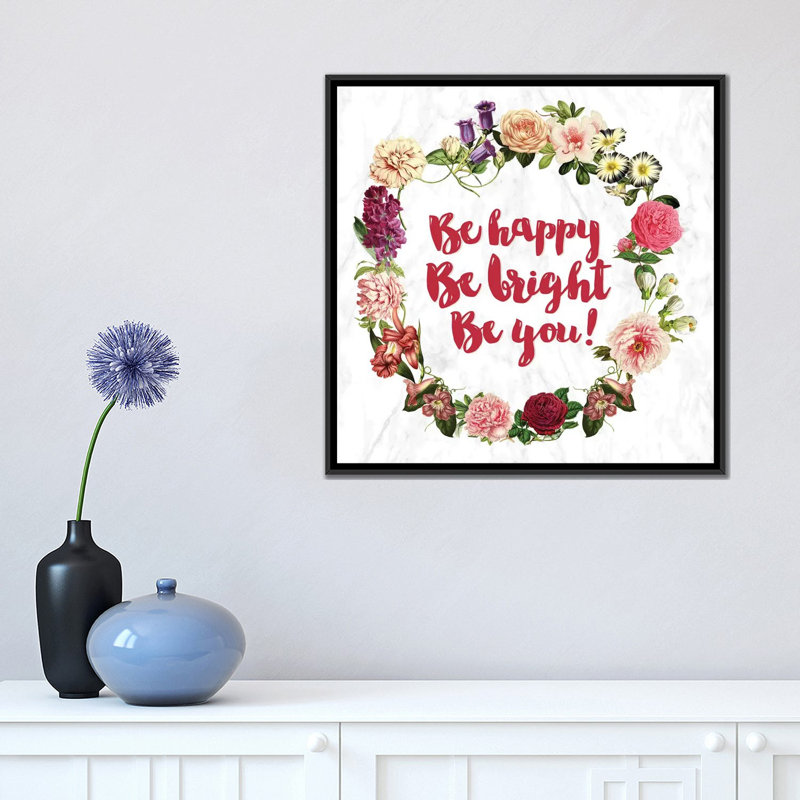 «Be Happy», impression sur toile, H 18 po x l 18 po x P 1,5 po, Toile encadrée noire, Pas de tapis