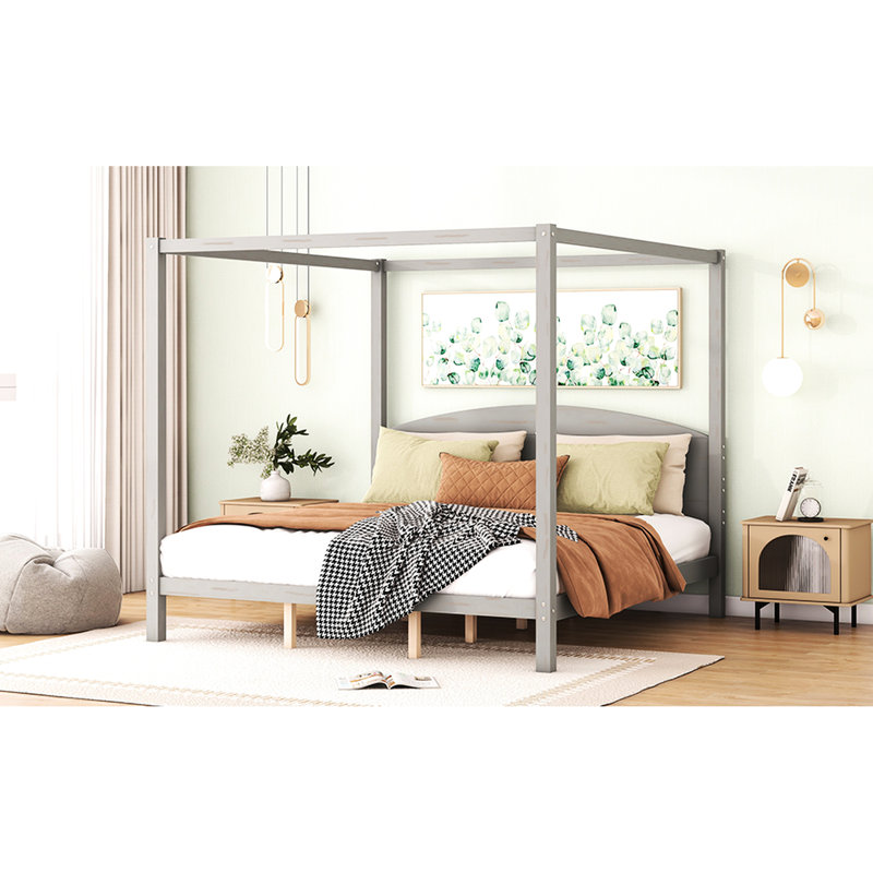 Glorious King Size Canopy Platform Bed With Headboard & Robust Legs, Grey Splendid Wash