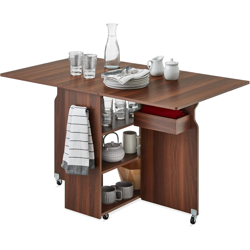 Table de salle à manger pliante, bureau à rallonge pliable et polyvalent avec roulettes, 3 tablettes de rangement - Brun
