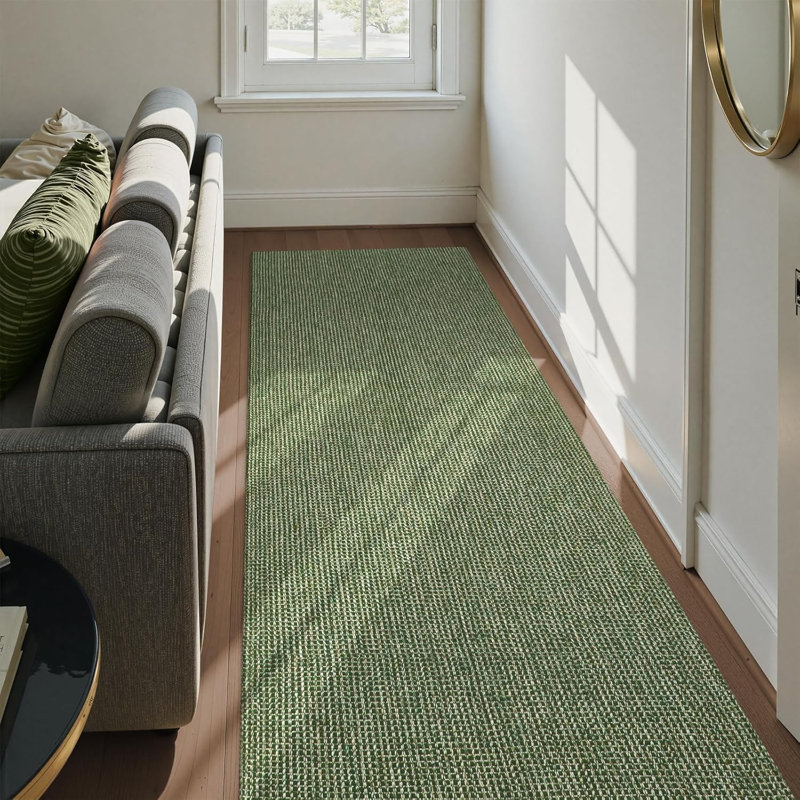 Cotton Weave Washable Area Rug - Stylish Mesh Design for Living Room, Bedroom, or Office Decor, Runner 2' x 8', Green