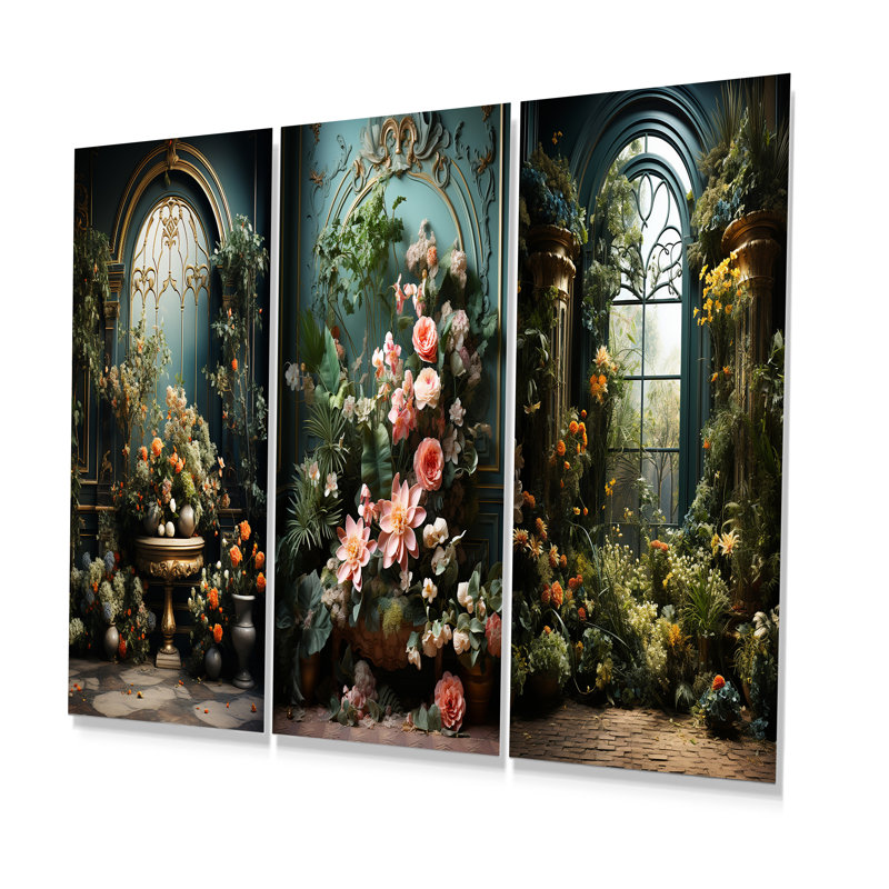 Fleur, feuillage, jardins ornés - ensemble de 3 reproductions d'art en métal sur plantes, H 28 po x l 36 po
