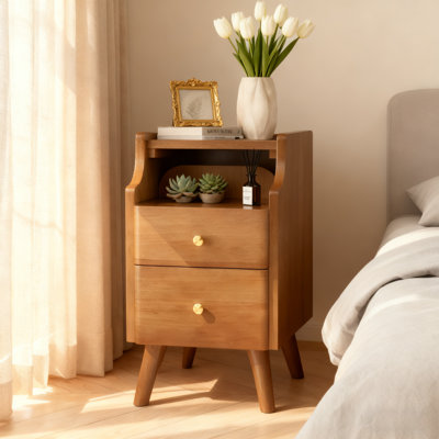 12 Inch Narrow Mid Century Modern Nightstand - Solid Wood 2-drawer Beside Table With Open Storage Shelf For Bedroom by Bay Isle Home