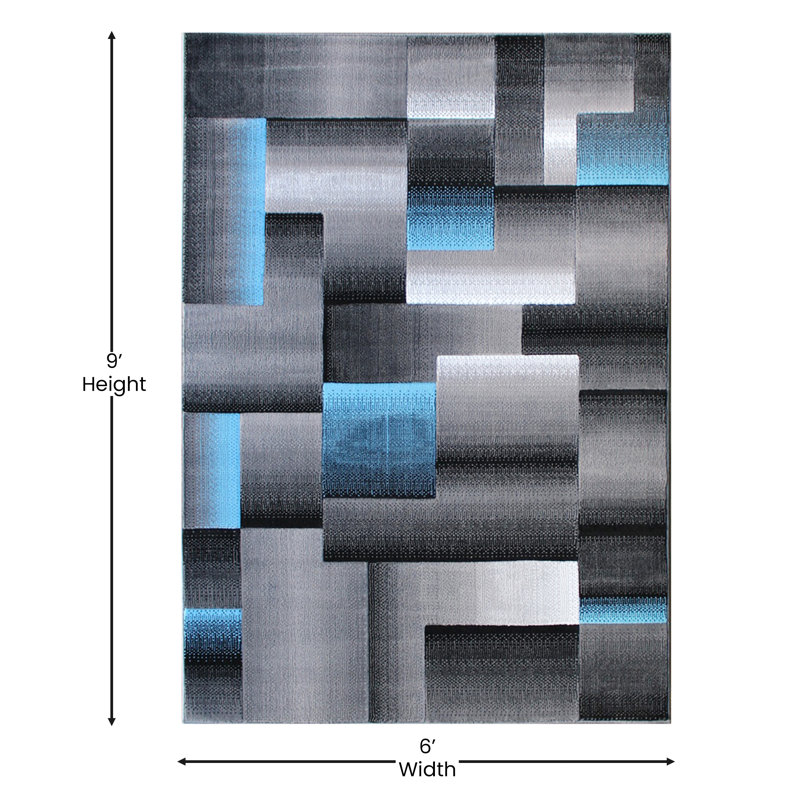 Modern Blue and Gray Geometric Style Color Blocked Indoor Area Rug, Rectangle 6' x 9'