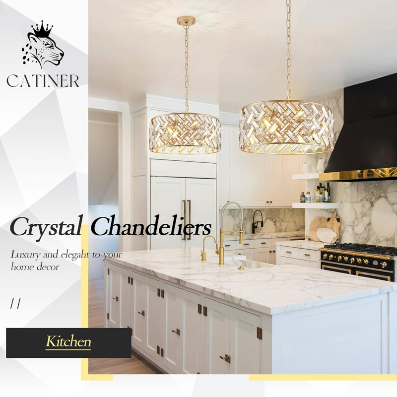 Plafonnier semi-encastré moderne avec lustre en cristal doré avec chaîne réglable pour salle à manger, salon, chambre à coucher, vestibule