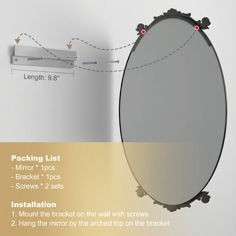 Miroir ovale en verre trempé Lunara, 39,8 po x 28,3 po, Noir