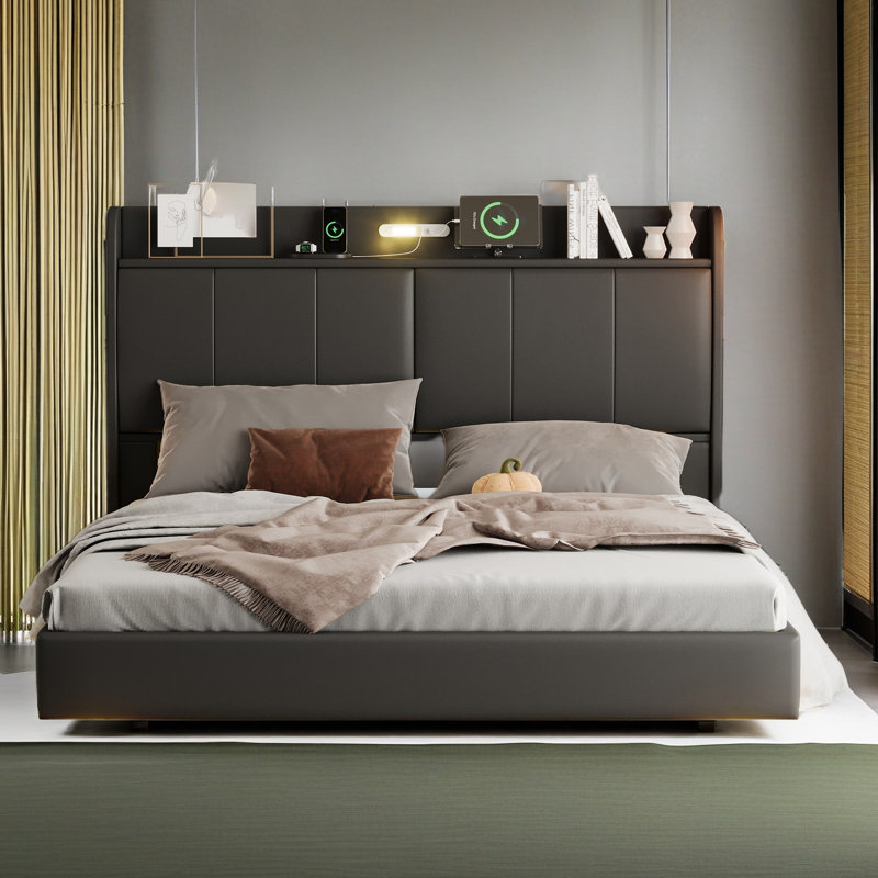Structure de lit flottant pour grand lit avec tête de lit avec rangement, lit plateforme tapissier moderne avec veilleuse tactile et chargeur USB