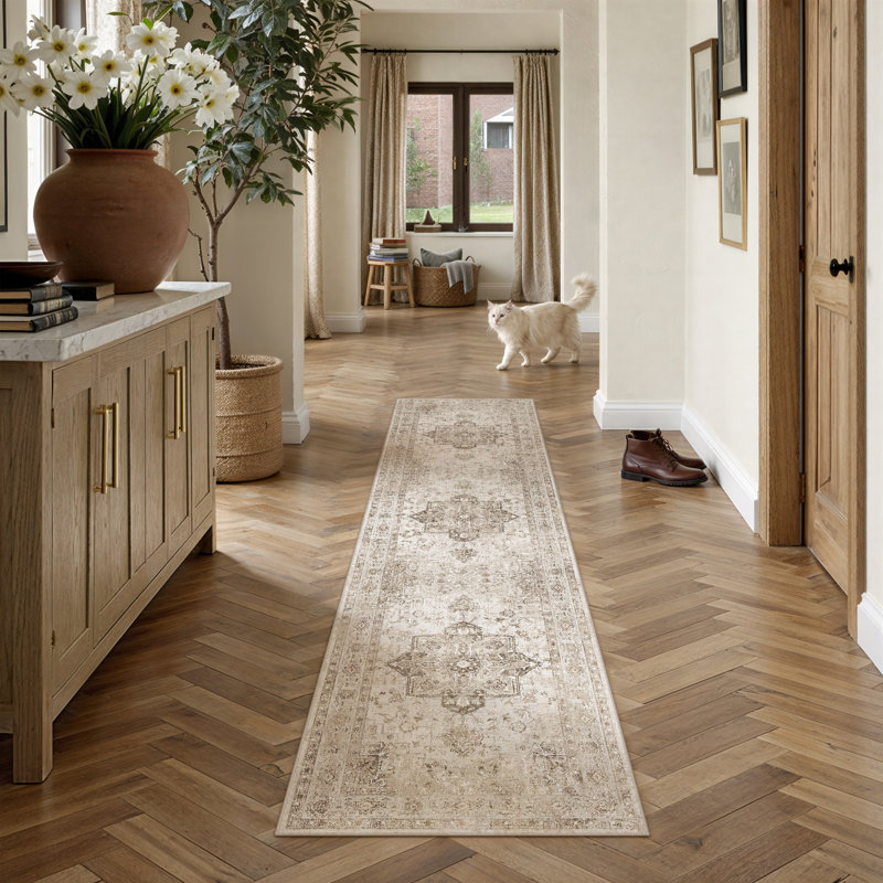 Tapis lavable rétro patiné avec envers antidérapant, Beige, Tapis de couloir 2 pi x 8 pi