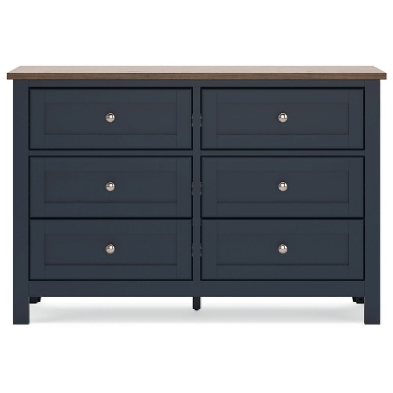 Grande commode Docken, 6 tiroirs, style Shaker, bleu ardoise et brun clair