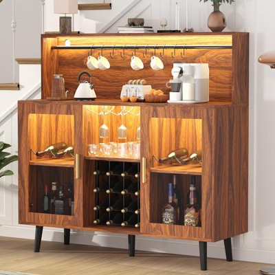 Wine Bar Cabinet With Led Light, Coffee Cabinet With Wine Rack And Glass Holder, Home Liquor Cabinet With Adjustable Shelf And Acrylic Door, Buffet Si by George Oliver