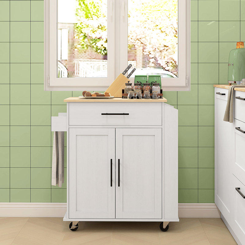 White Rolling Cart With Storage And Electrical Options, Ac Outlets, Ports, Drawer, Cabinet Adjustable Shelf, Towel Rack, Spice Rack Mobile Kitchen Island Availability Valuable - White,