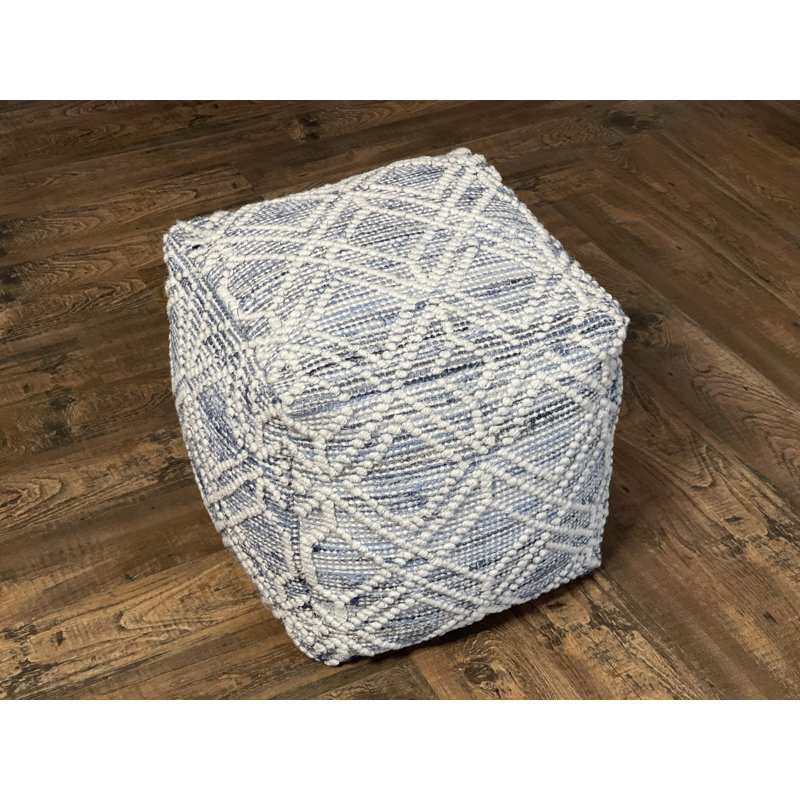 Upholstered Pouf, Ivory/Denim Wool
